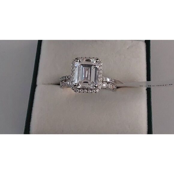 2.5Ct. Emerald Cut Halo & Milgrain Band Sim Diamond Wedding/Bridal Ring Set #8 - Picture 1 of 6